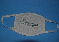 Gray mask with green lettering
